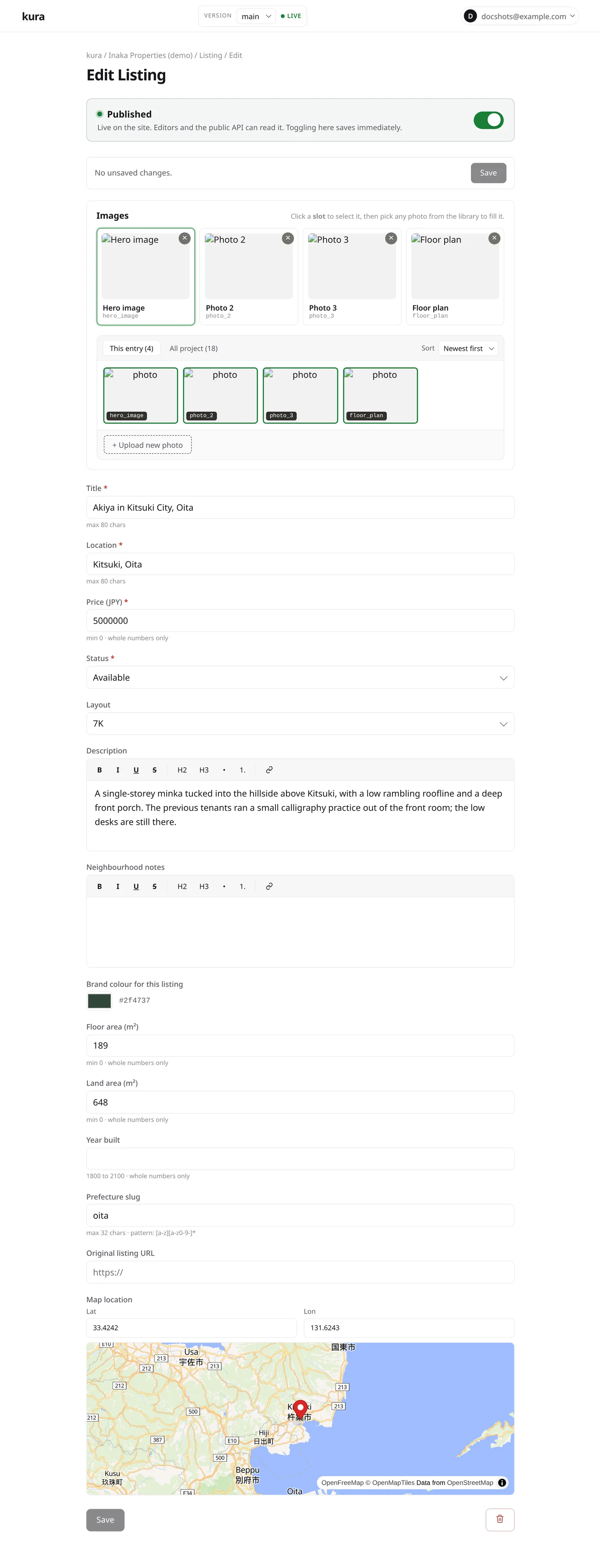 The entry form an editor sees - a clean form generated from the content type's schema.