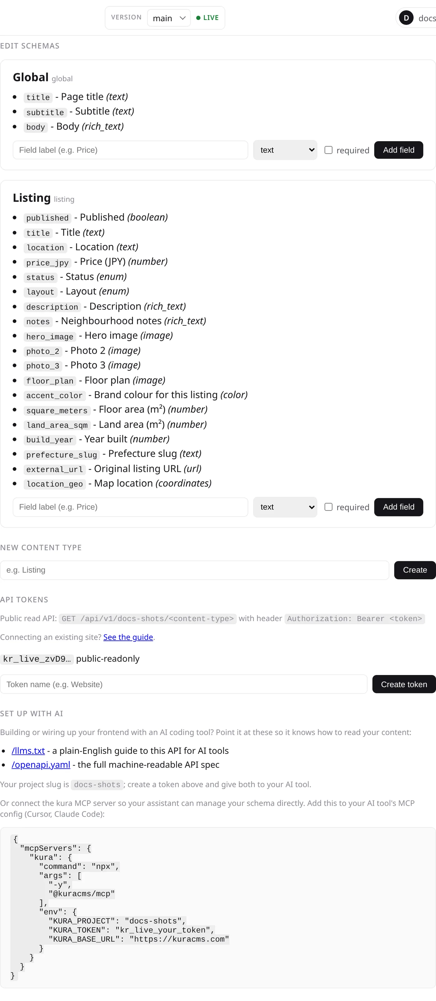 The kura project page showing the project name, its content types, and the Developer section.