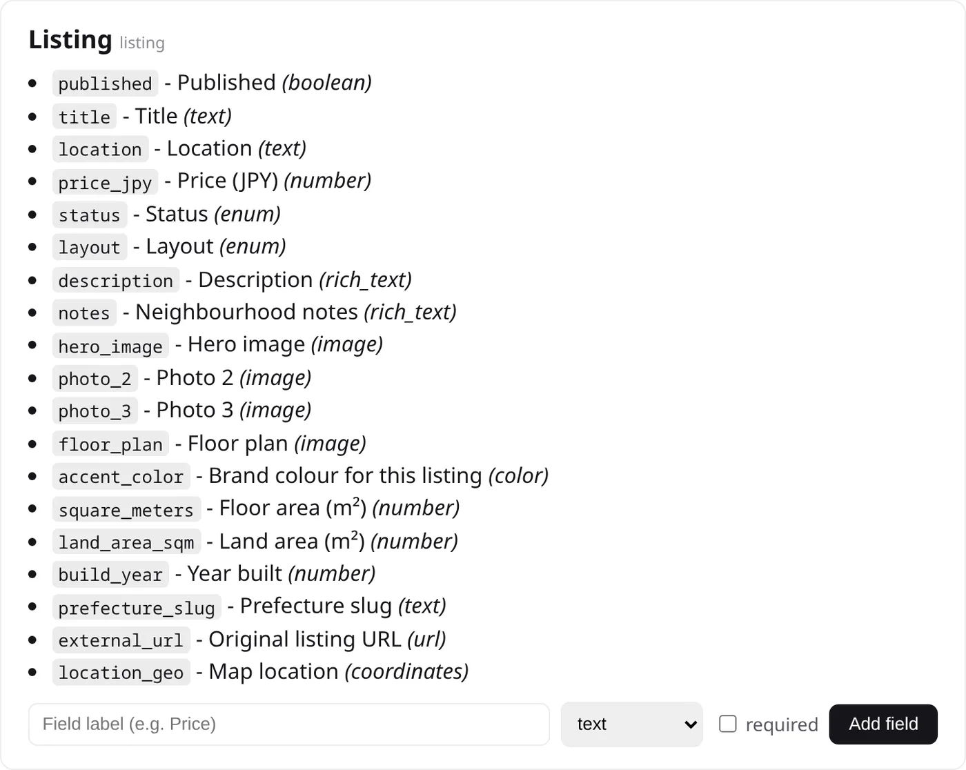 The kura schema editor, adding a field to a content type.