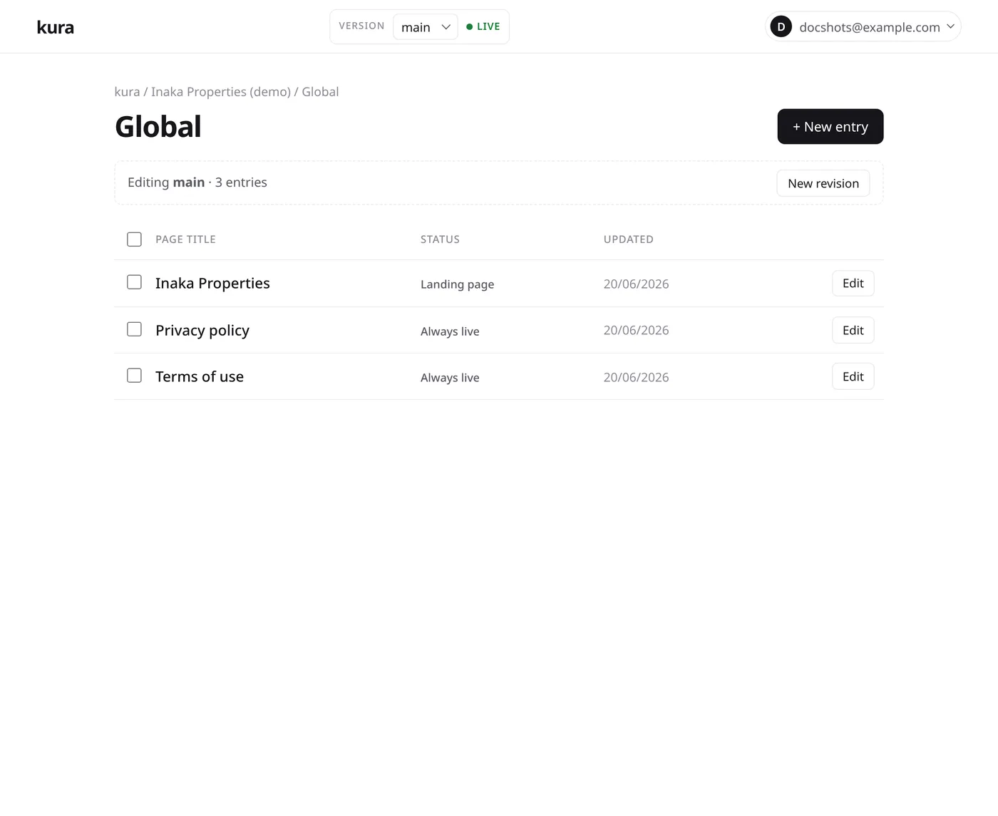 A global/singleton content type in the kura admin, with no publish toggle.