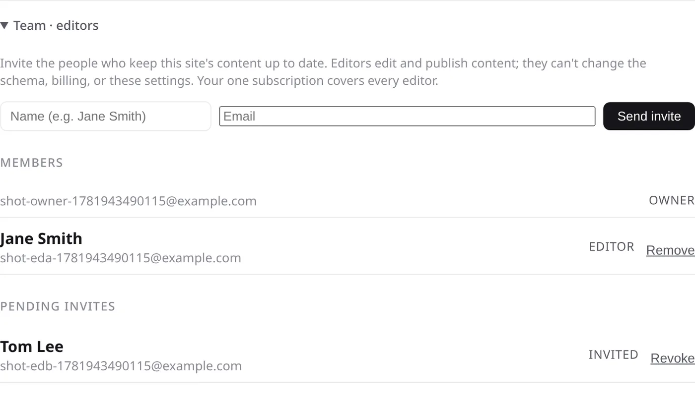 The owner-only Team section, inviting an editor by name and email, with the members and pending-invite lists.
